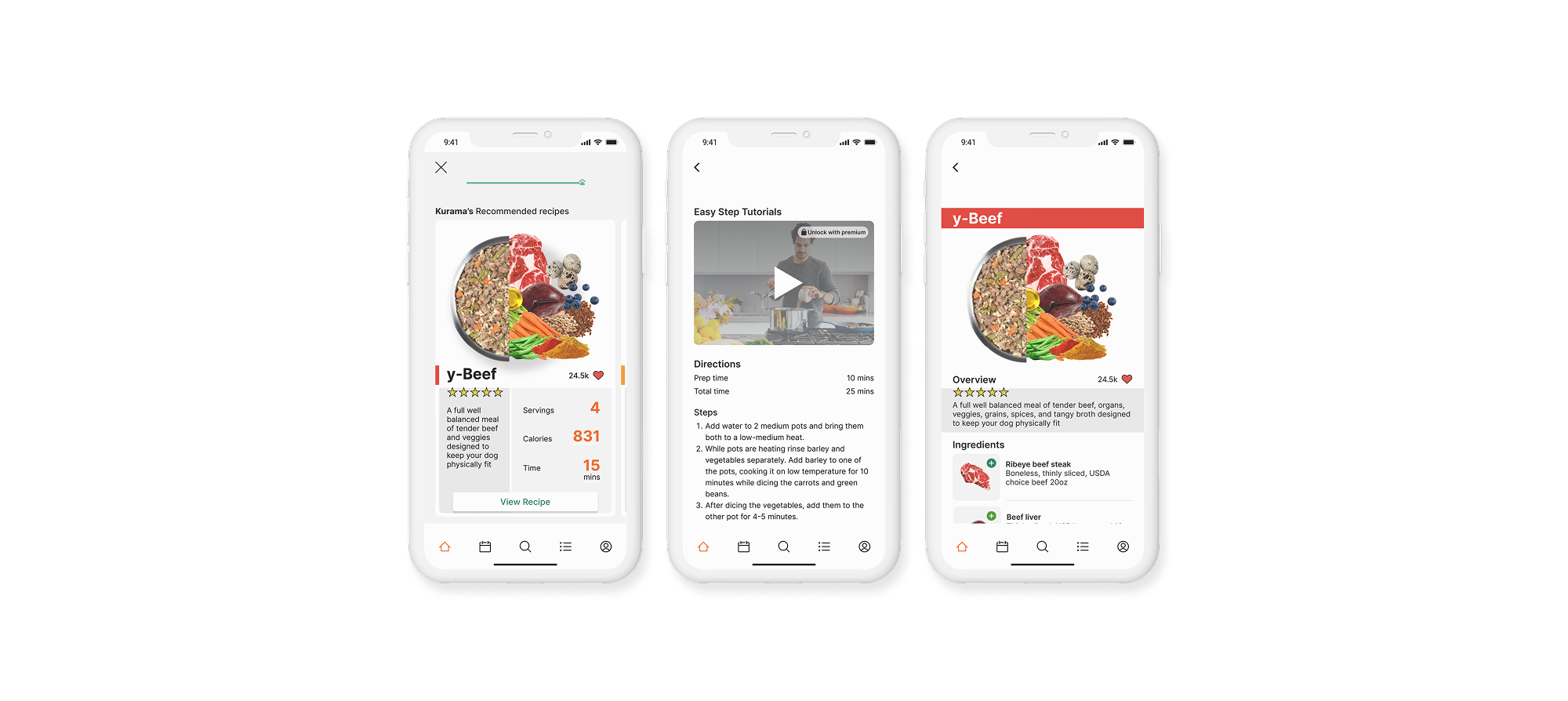 yFresh — recipe, tutorial and ingredients screens